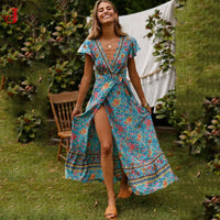 Floral Boho Beach Maxi Dress for Moms | Summer Short Sleeve V-Neck Mama Party Long Dress | Can Mama