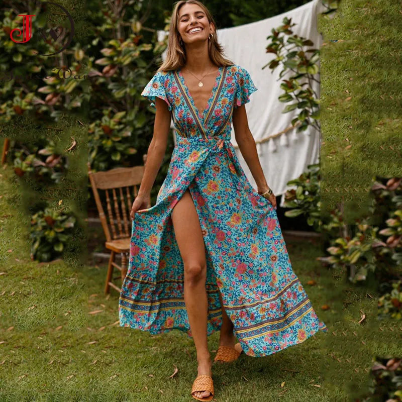 Floral Boho Beach Maxi Dress for Moms | Summer Short Sleeve V-Neck Mama Party Long Dress | Can Mama