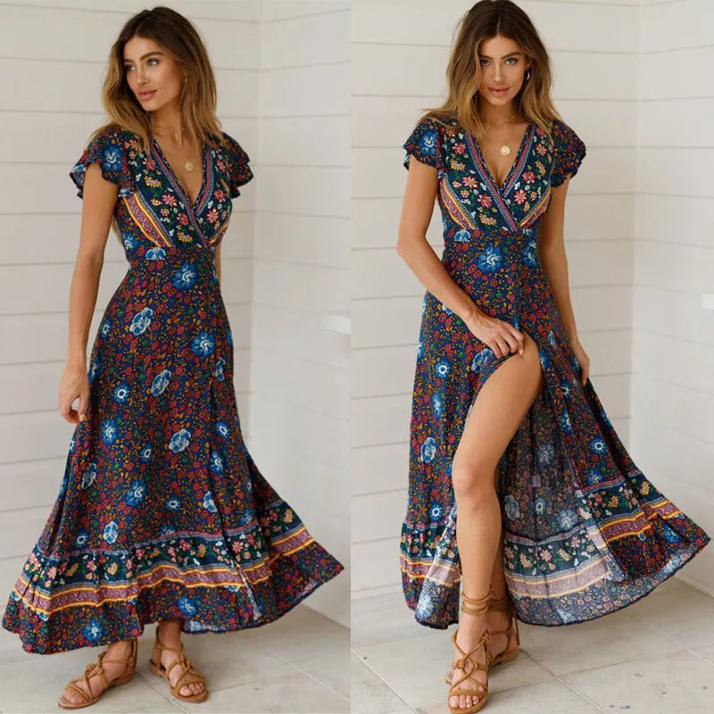 Floral Boho Beach Maxi Dress for Moms | Summer Short Sleeve V-Neck Mama Party Long Dress | Can Mama