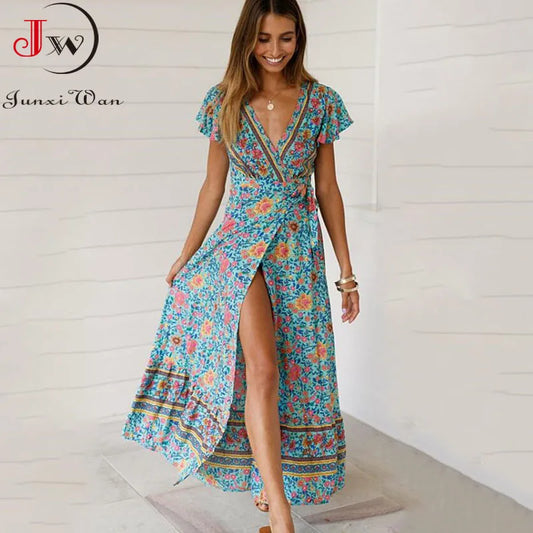 Floral Boho Beach Maxi Dress for Moms | Summer Short Sleeve V-Neck Mama Party Long Dress | Can Mama