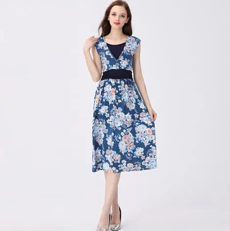 Summer Sleeveless Breastfeeding Dress for Moms | Printed V-Neck Mama Nursing Lactation Dress | Can Mama