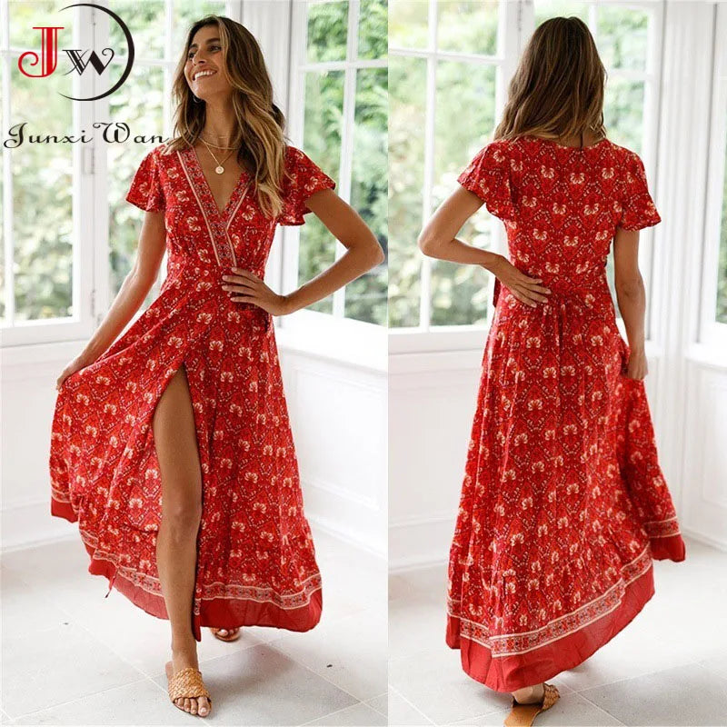 Floral Boho Beach Maxi Dress for Moms | Summer Short Sleeve V-Neck Mama Party Long Dress | Can Mama