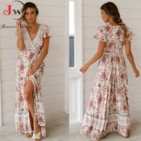 Floral Boho Beach Maxi Dress for Moms | Summer Short Sleeve V-Neck Mama Party Long Dress | Can Mama