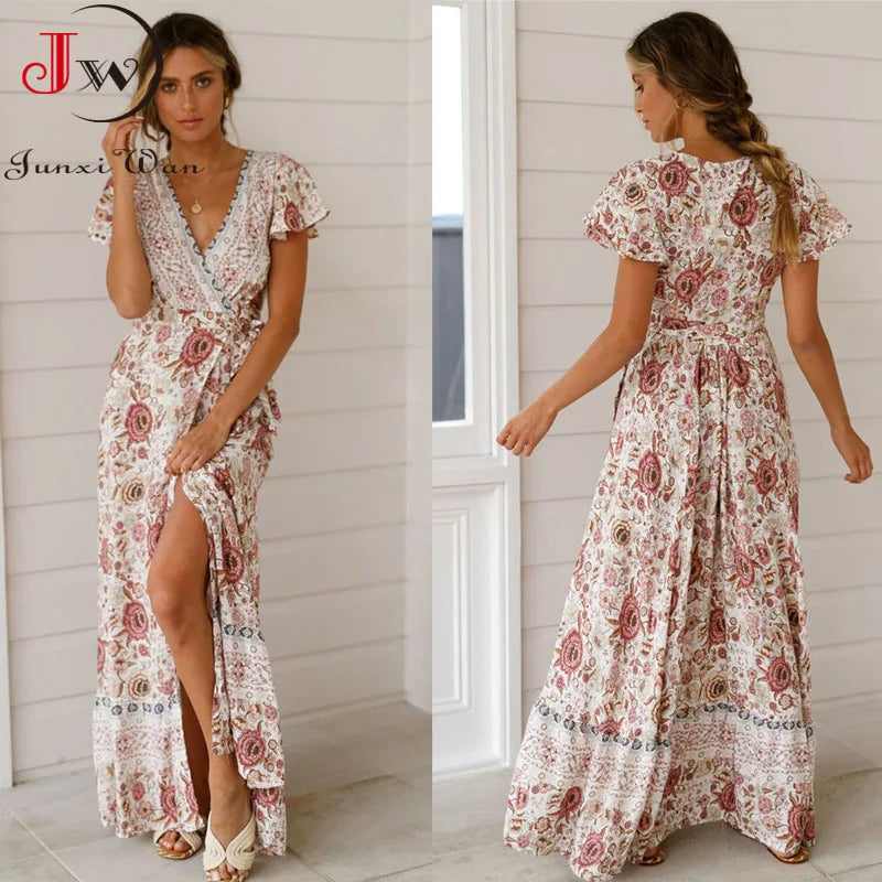 Floral Boho Beach Maxi Dress for Moms | Summer Short Sleeve V-Neck Mama Party Long Dress | Can Mama