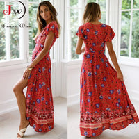 Floral Boho Beach Maxi Dress for Moms | Summer Short Sleeve V-Neck Mama Party Long Dress | Can Mama