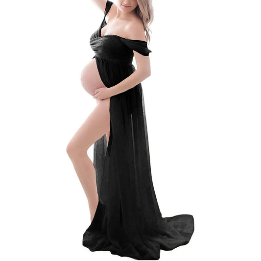 Off-Shoulder Short Sleeve Maternity Photoshoot Dress for Moms | Mama Pregnancy Photo Dress | Can Mama