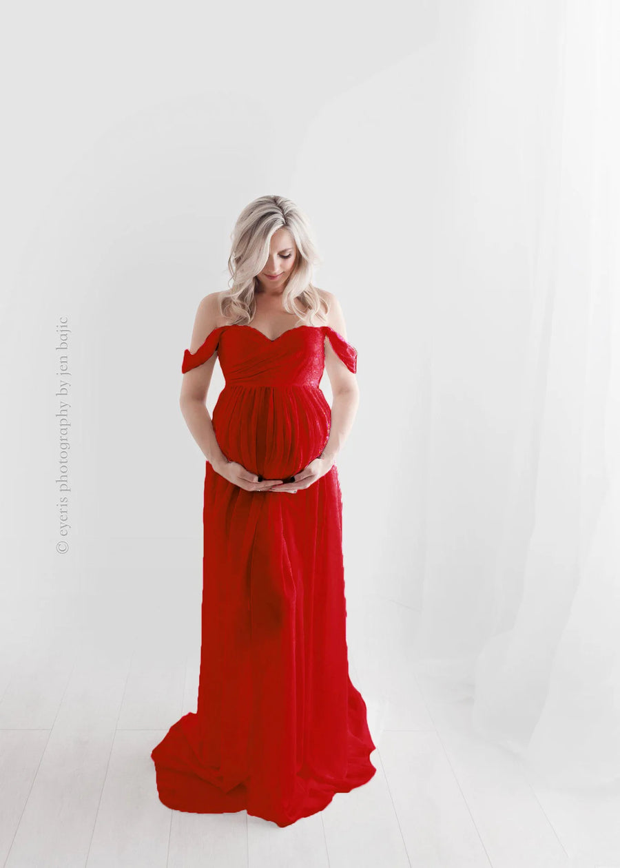 Off-Shoulder Short Sleeve Maternity Photoshoot Dress for Moms | Mama Pregnancy Photo Dress | Can Mama