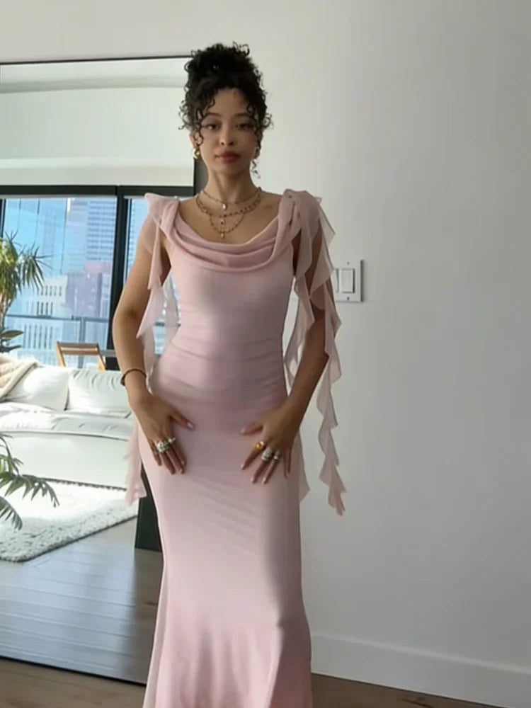 Romantic Sheer Chiffon Maxi Dress for Moms | Strap Mama Elegant Evening Party Dress | Can Mama