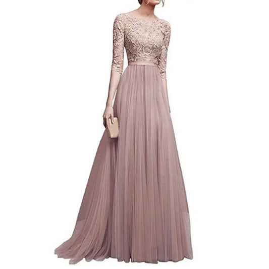 Lace Embroidered Maxi Evening Dress for Moms | Elegant Round Neck Half Sleeve Mama Floor Length Dress | Can Mama