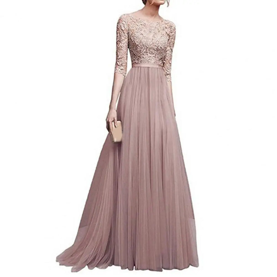 Lace Embroidered Maxi Evening Dress for Moms | Elegant Round Neck Half Sleeve Mama Floor Length Dress | Can Mama