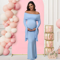Off-Shoulder Bodycon Maternity Gown for Moms | Long Sleeve Mama Baby Shower Maxi Dress | Can Mama