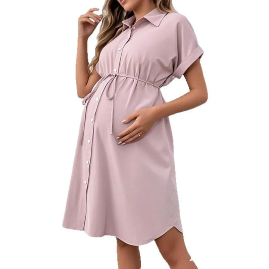 Short Sleeve Button Casual Maternity Dress for Moms | Summer Mama Pregnancy Everyday Dress | Can Mama