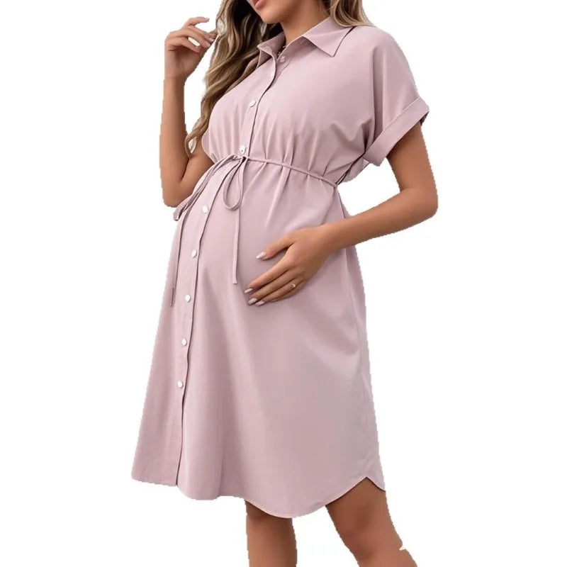 Short Sleeve Button Casual Maternity Dress for Moms | Summer Mama Pregnancy Everyday Dress | Can Mama