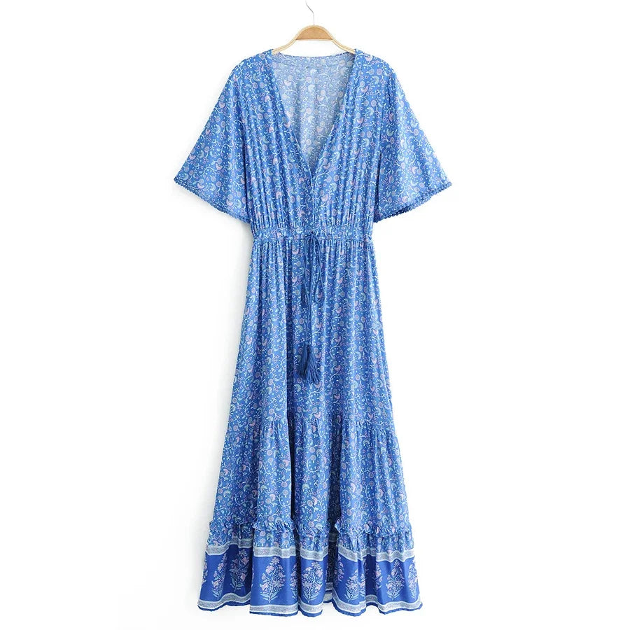 Floral Print Boho Maxi Dress for Moms | Cotton Deep V-Neck Loose Mama Summer Hippie Dress | Can Mama