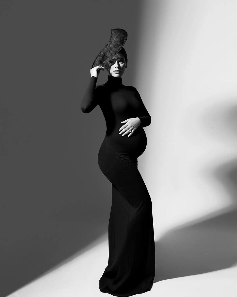 Elegant High Neck Maternity Dress for Moms | Baby Shower Long Sleeve Mama Photoshoot Dress | Can Mama