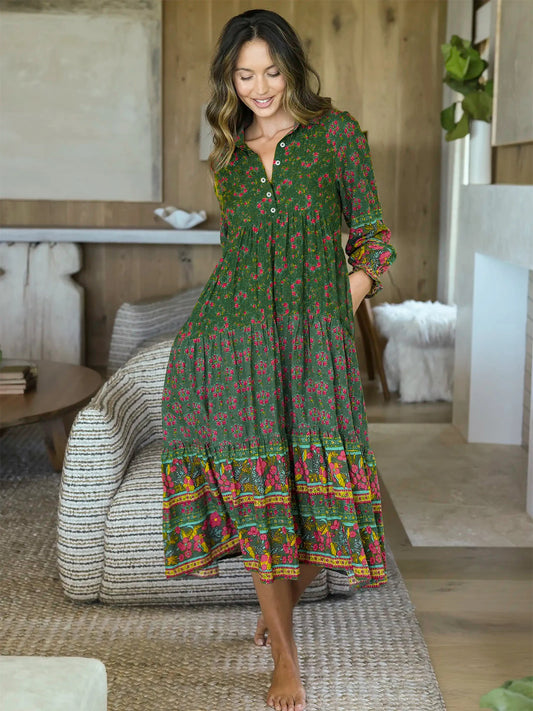 Plus Size Vintage Floral Maxi Dress for Moms | Loose Fit Flared Skirt Mama Casual Dress | Can Mama