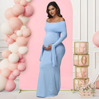 Off-Shoulder Bodycon Maternity Gown for Moms | Long Sleeve Mama Baby Shower Maxi Dress | Can Mama