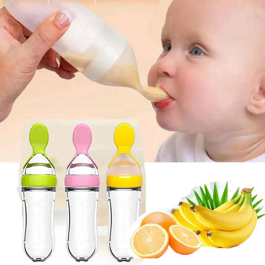 Silicone Baby Feeding Bottle with Spoon | Squeeze Food Supplement Rice Cereal Feeder | Can Mama
