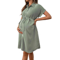 Striped Button-Down Maternity Dress for Moms | Summer Short Sleeve Mama Casual Pregnancy Shirt Dress | Can Mama