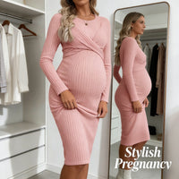 Twist Front Slim Fit Maternity Dress for Moms | Long Sleeve Mama Elegant Pregnancy Dress | Can Mama