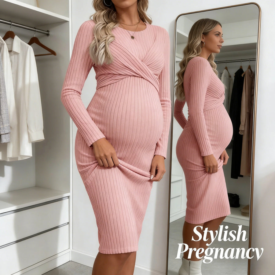 Twist Front Slim Fit Maternity Dress for Moms | Long Sleeve Mama Elegant Pregnancy Dress | Can Mama