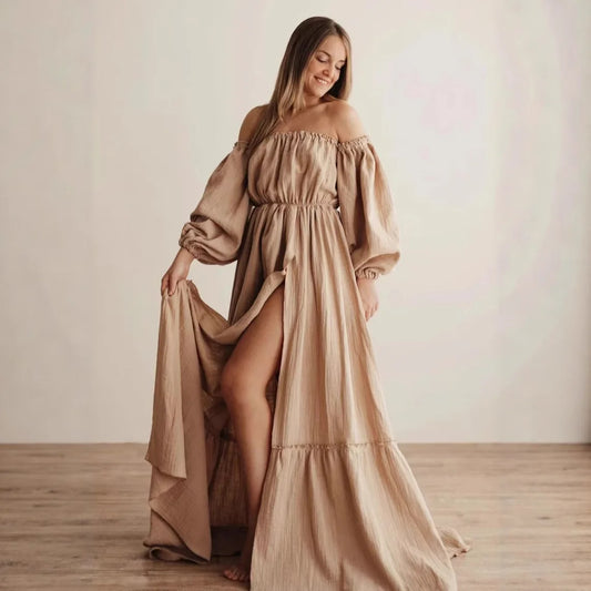 Off-Shoulder Maternity Photoshoot Dress for Moms | Puff Sleeve Mama Pregnancy Gown | Can Mama