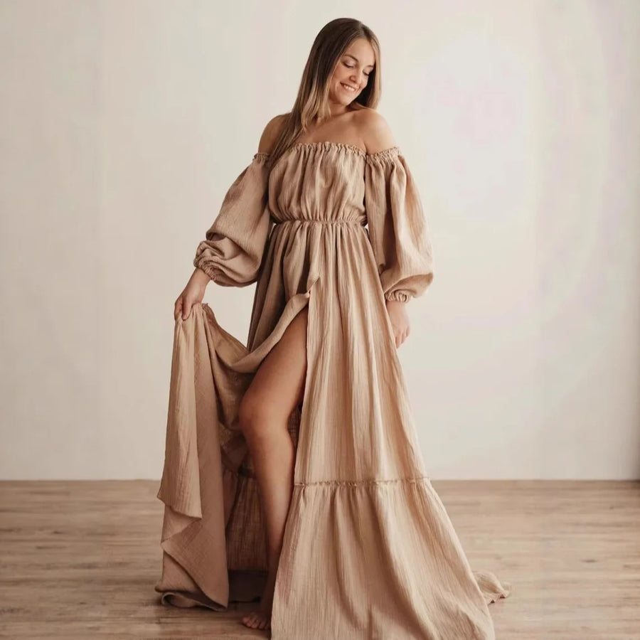 Off-Shoulder Maternity Photoshoot Dress for Moms | Puff Sleeve Mama Pregnancy Gown | Can Mama