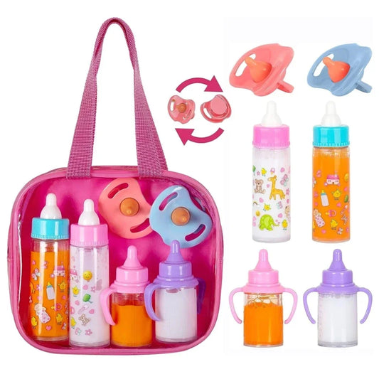 Baby Doll Feeding Bottle Set | 2pc Milk & Juice Bottles with Toy Pacifier | Can Mama