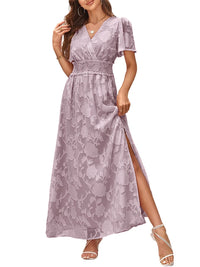 Casual V-Neck Puff Sleeve Maxi Dress for Moms | Summer Elegant Mama Flowy Thigh Slit Dress | Can Mama