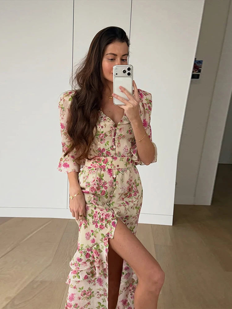 Organza Floral Printed Maxi Dress for Moms | Fashion Mama Elegant Long Dress | Can Mama