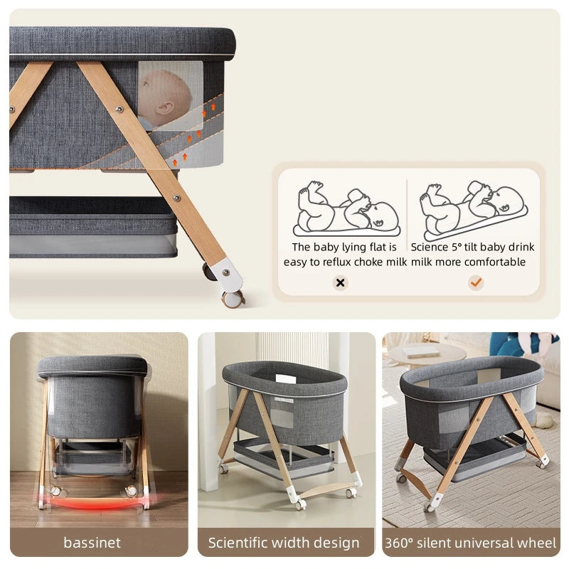 Multifunctional Wooden Baby Bassinet | Foldable Mobile Adjustable Rocking Bed | Can Mama