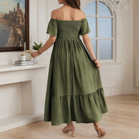 Casual Solid Maternity Maxi Dress for Moms | Off-Shoulder Drawstring High Waist Mama Party Dress | Can Mama