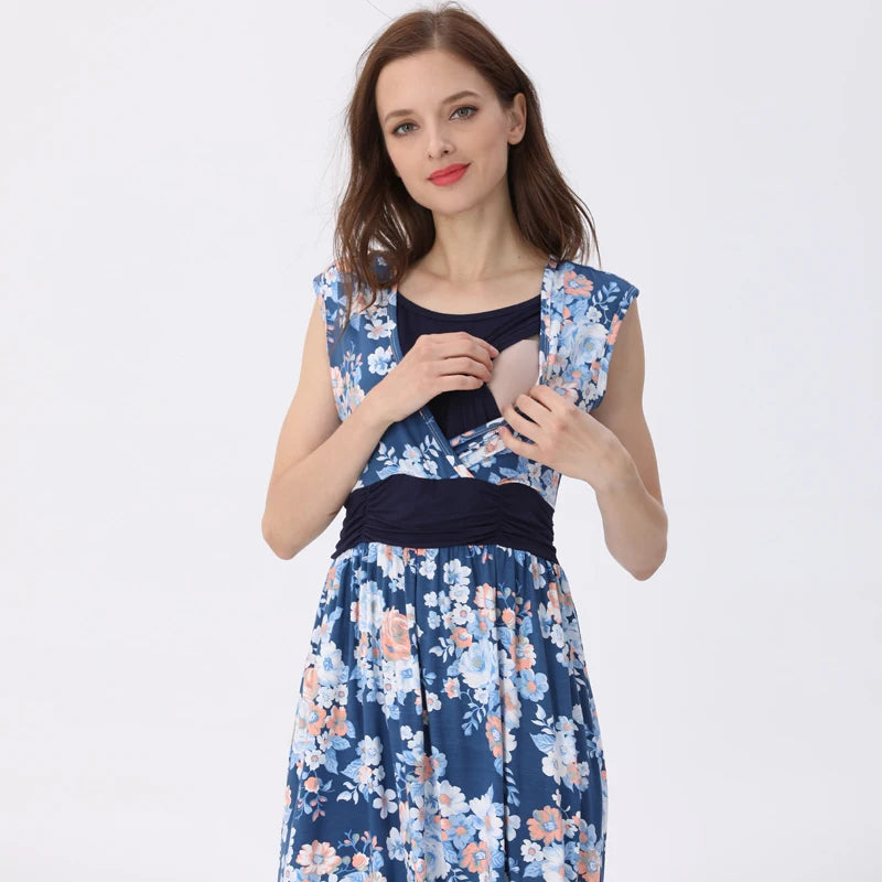 Summer Sleeveless Breastfeeding Dress for Moms | Printed V-Neck Mama Nursing Lactation Dress | Can Mama