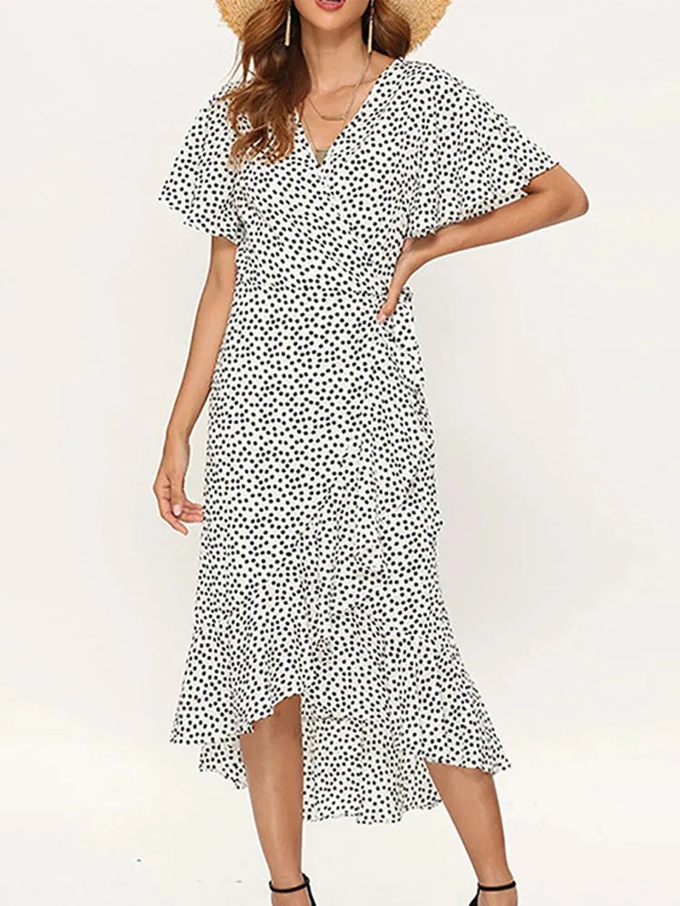 Floral Chiffon Beach Maxi Dress for Moms | Boho Ruffles Wrap V-Neck Mama Summer Party Dress | Can Mama