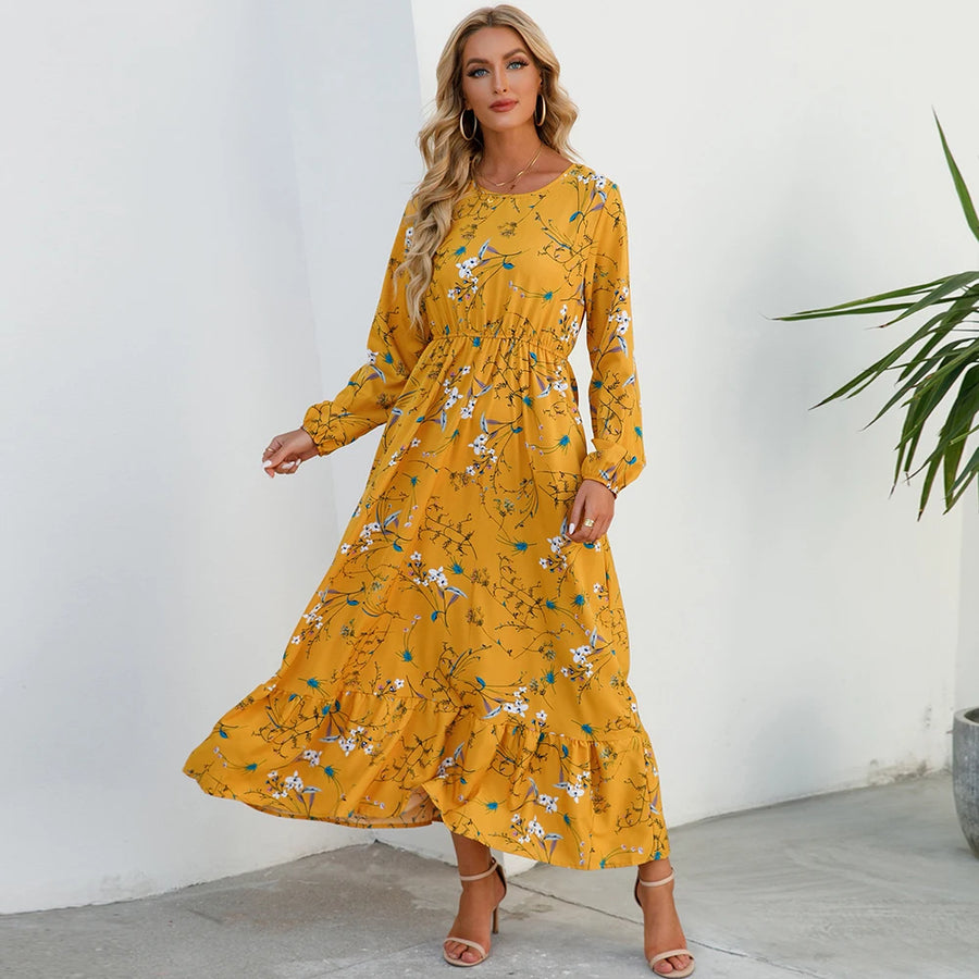 Bohemian Casual Maxi Dress for Moms | Full Sleeve High Waist Mama Beach Chiffon Floral Dress | Can Mama