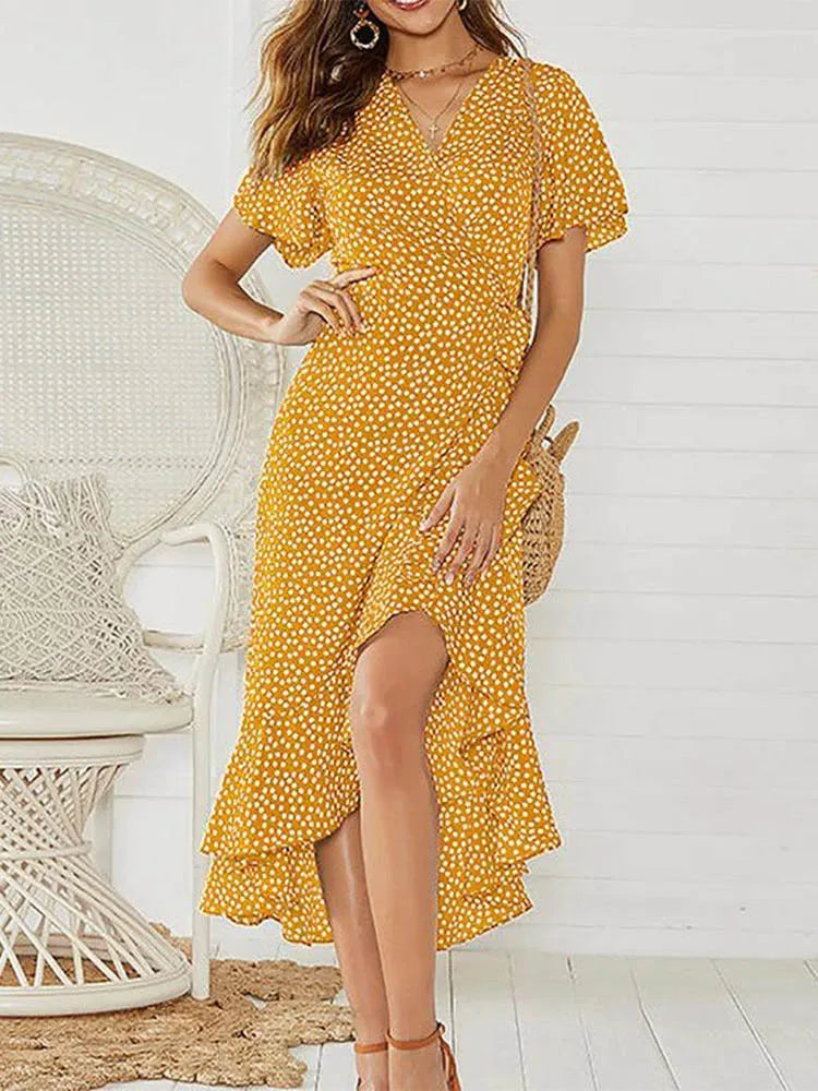 Floral Chiffon Beach Maxi Dress for Moms | Boho Ruffles Wrap V-Neck Mama Summer Party Dress | Can Mama