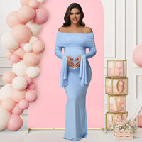 Off-Shoulder Bodycon Maternity Gown for Moms | Long Sleeve Mama Baby Shower Maxi Dress | Can Mama