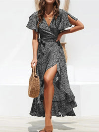 Floral Chiffon Beach Maxi Dress for Moms | Boho Ruffles Wrap V-Neck Mama Summer Party Dress | Can Mama