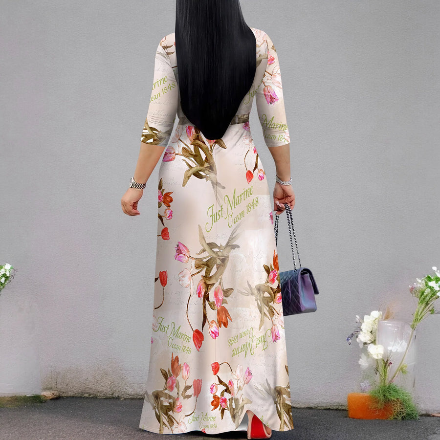 Casual V-Neck Sundress Maxi Dress for Moms | 3/4 Sleeve Mama Everyday Elegant Dress | Can Mama