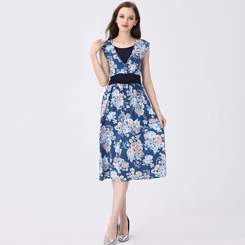 Summer Sleeveless Breastfeeding Dress for Moms | Printed V-Neck Mama Nursing Lactation Dress | Can Mama