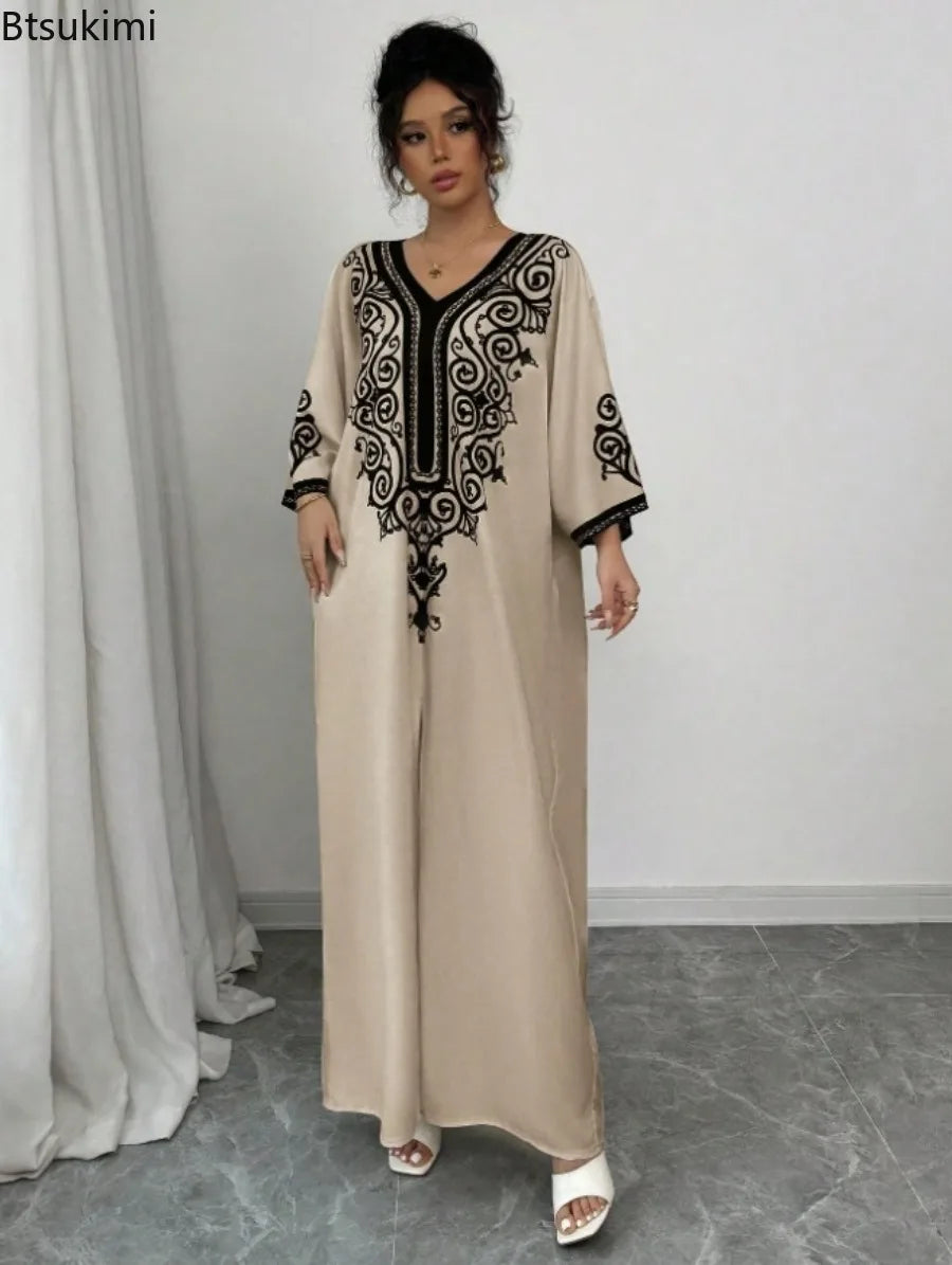Muslim Maxi Dress for Moms | V-Neck Loose Robe Mama Ramadan Elegant Kaftan Abaya Dress | Can Mama