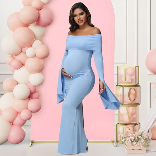 Off-Shoulder Bodycon Maternity Gown for Moms | Long Sleeve Mama Baby Shower Maxi Dress | Can Mama