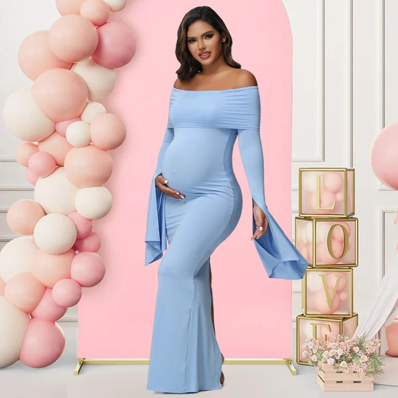 Off-Shoulder Bodycon Maternity Gown for Moms | Long Sleeve Mama Baby Shower Maxi Dress | Can Mama