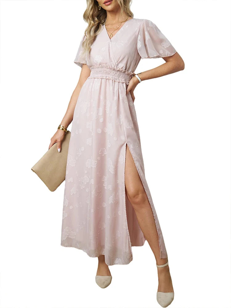 Casual V-Neck Puff Sleeve Maxi Dress for Moms | Summer Elegant Mama Flowy Thigh Slit Dress | Can Mama
