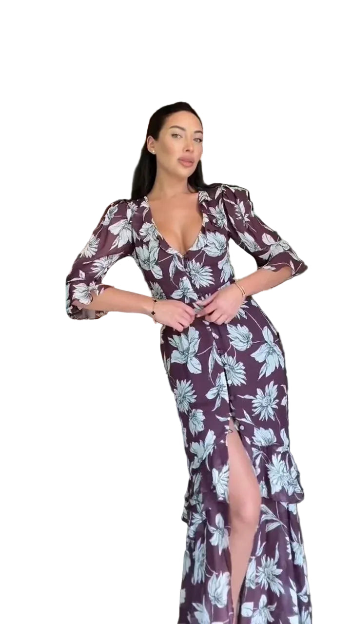 Organza Floral Printed Maxi Dress for Moms | Fashion Mama Elegant Long Dress | Can Mama
