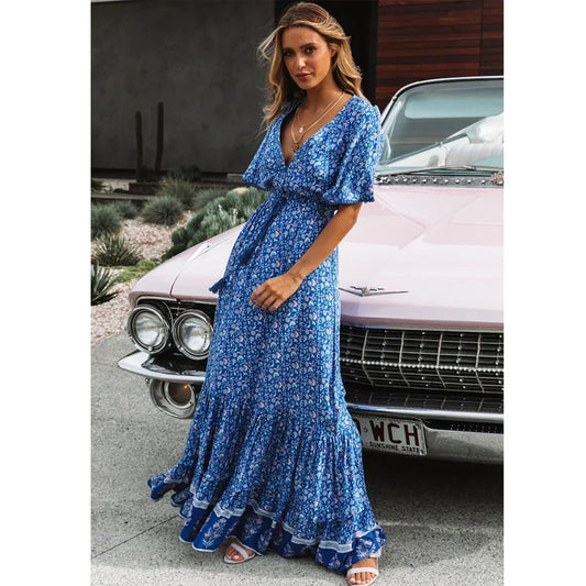 Floral Print Boho Maxi Dress for Moms | Cotton Deep V-Neck Loose Mama Summer Hippie Dress | Can Mama