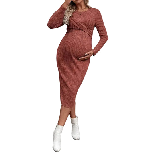 Twist Front Slim Fit Maternity Dress for Moms | Long Sleeve Mama Elegant Pregnancy Dress | Can Mama
