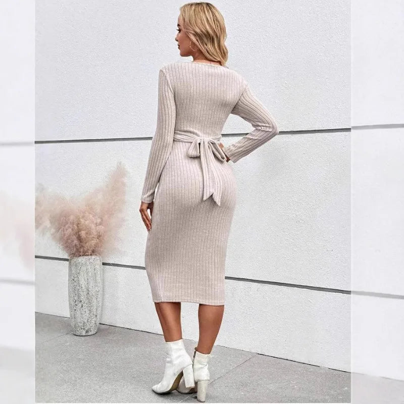 Twist Front Slim Fit Maternity Dress for Moms | Long Sleeve Mama Elegant Pregnancy Dress | Can Mama