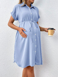 Striped Button-Down Maternity Dress for Moms | Summer Short Sleeve Mama Casual Pregnancy Shirt Dress | Can Mama