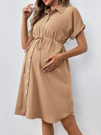Striped Button-Down Maternity Dress for Moms | Summer Short Sleeve Mama Casual Pregnancy Shirt Dress | Can Mama